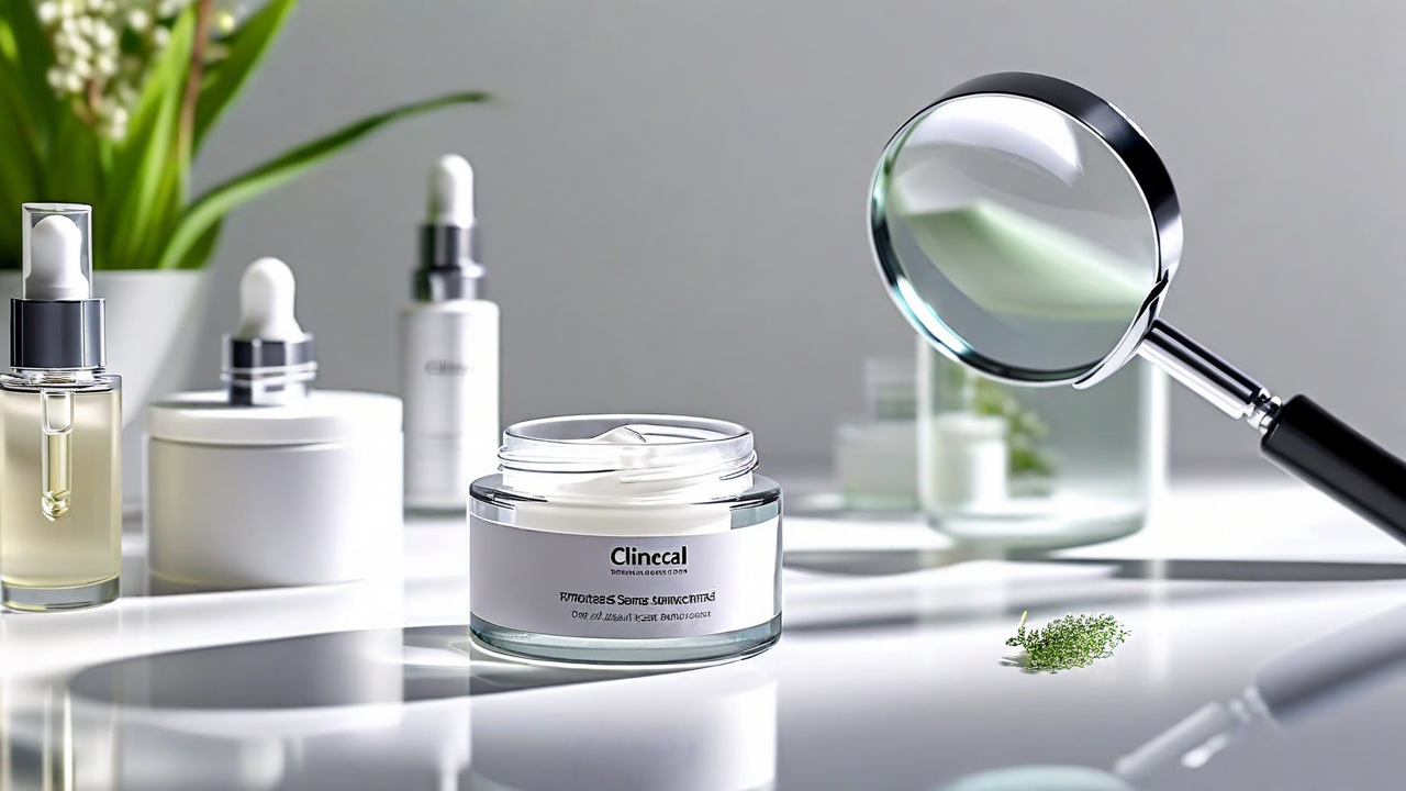 Skincare product label close-up with magnifying glass, clinical clean aesthetic, white lab setting