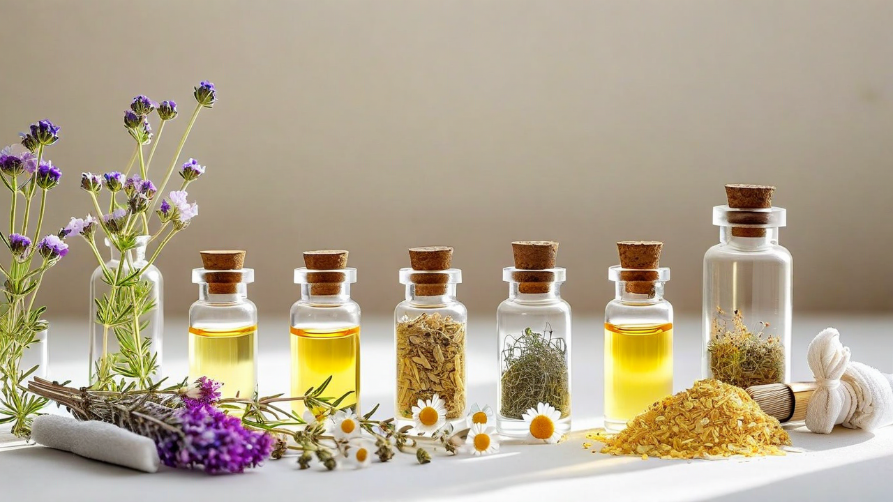 Botanical essential oil bottles with dried herbs and flowers, soft natural light, spa aesthetic