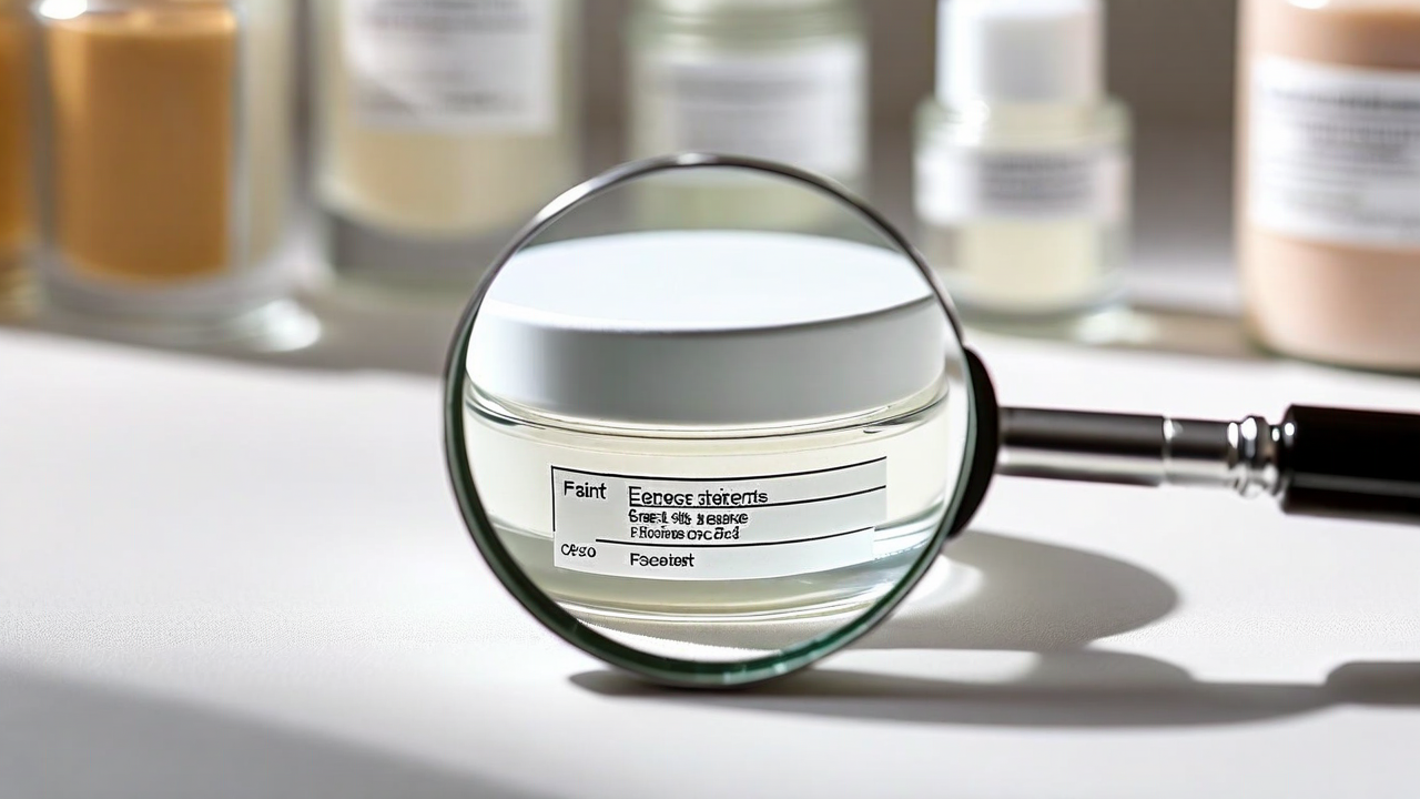 Ingredient label being read under magnifying glass, selective focus, clean white background