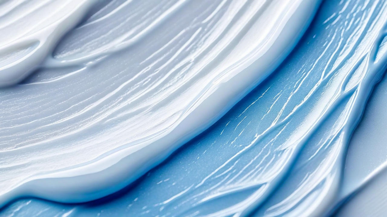 Microscopy-inspired abstract skin texture, blue and white science editorial aesthetic