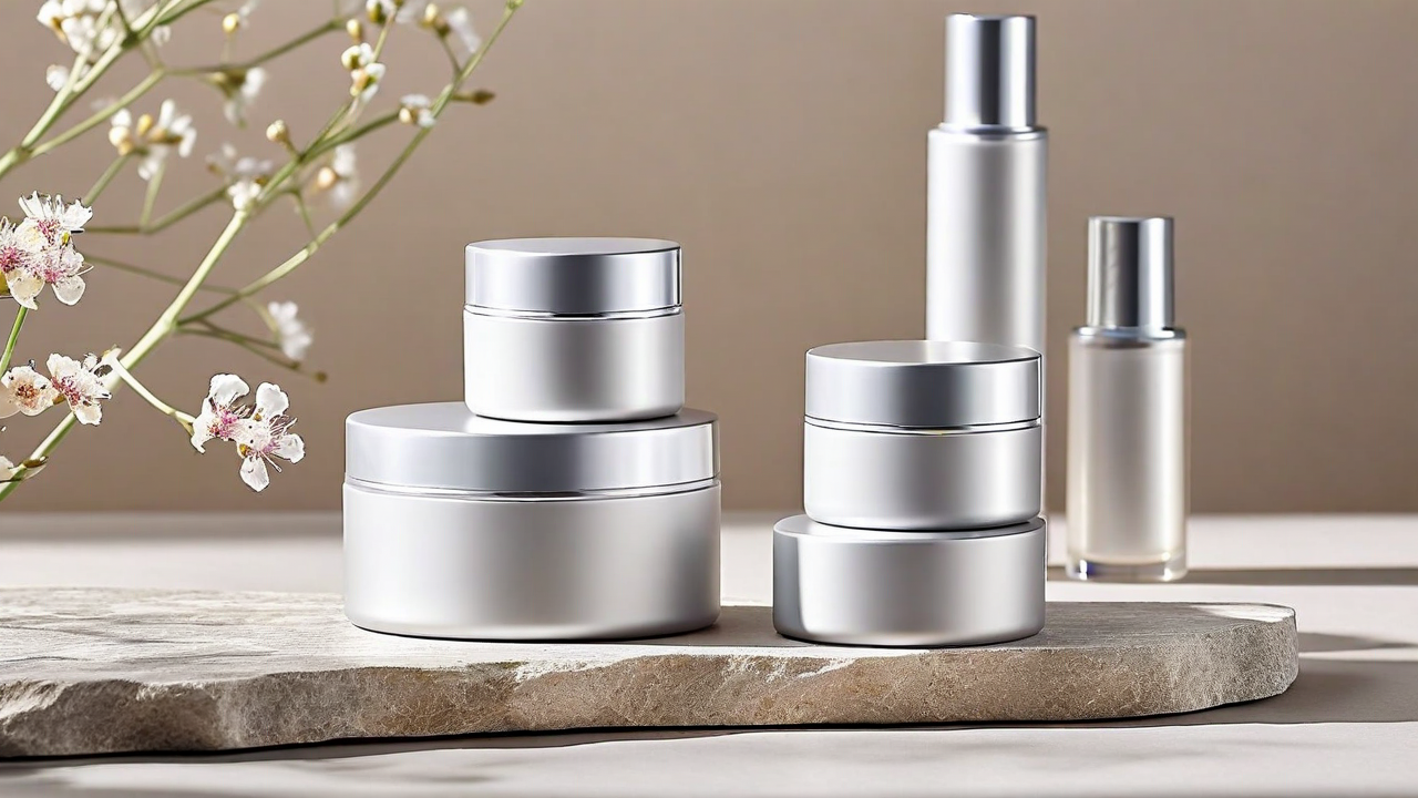 Matte aluminum skincare containers arranged on natural stone surface, soft studio light