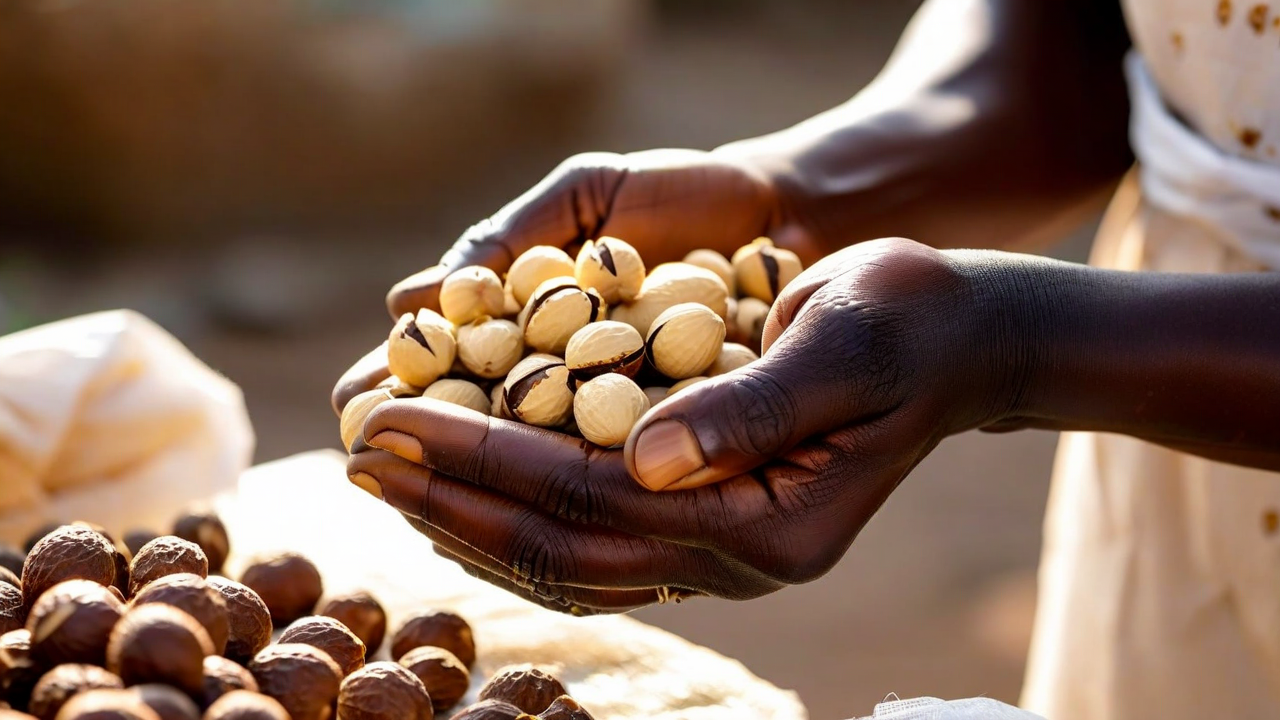 Hands working with raw shea nuts, warm light, authentic production scene, Ghana aesthetic