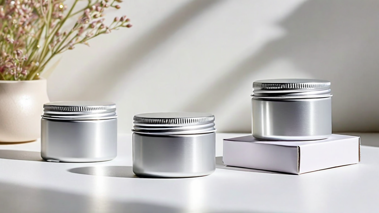 Refillable aluminum containers with subscription box, minimalist flat lay, clean white backdrop