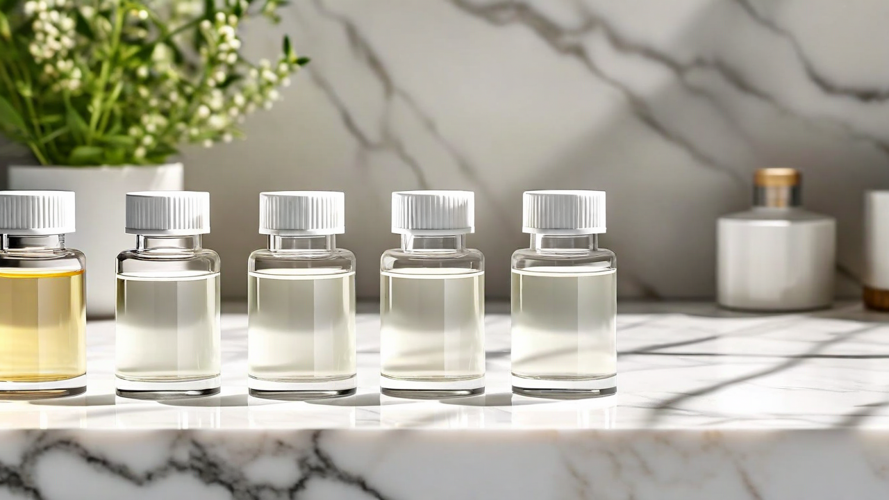Close-up of clean ingredient bottles lined on white marble counter, natural afternoon light
