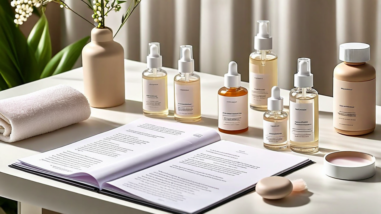 Formulation documents spread on desk next to product bottles, flat lay, clean editorial look