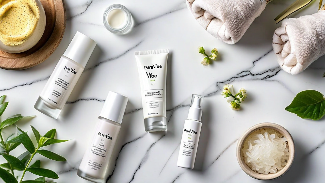 Clean flat lay of five PureVibe core products on white marble, overhead shot, minimal aesthetic