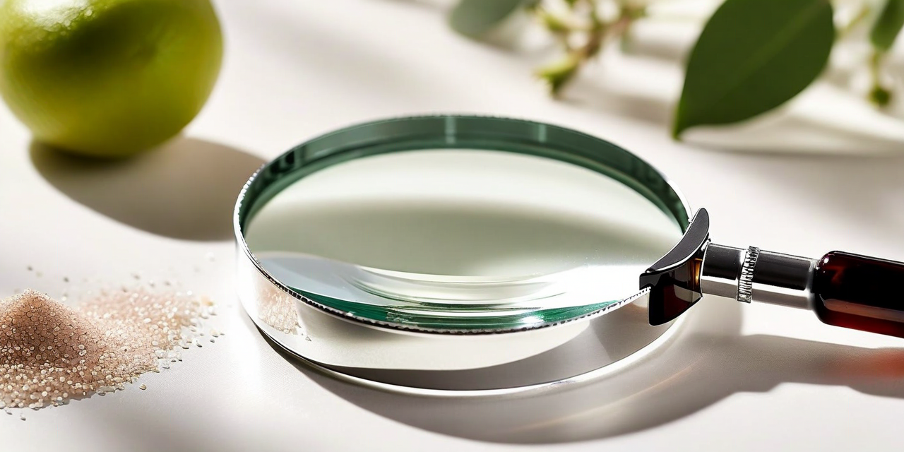 Ingredient label close-up with magnifying glass, clinical editorial