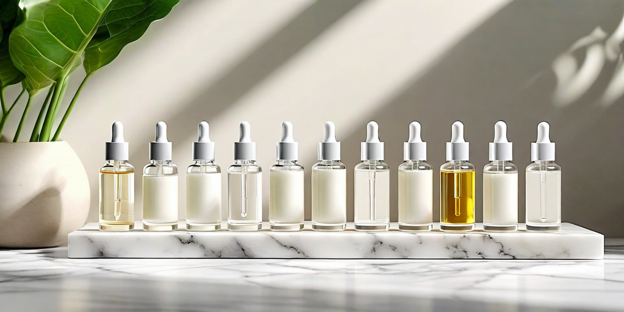 Clean ingredient bottles lined on white marble, natural afternoon light