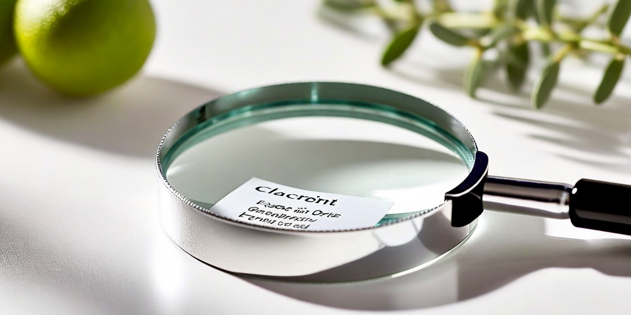 Ingredient label under magnifying glass, selective focus, clean white background