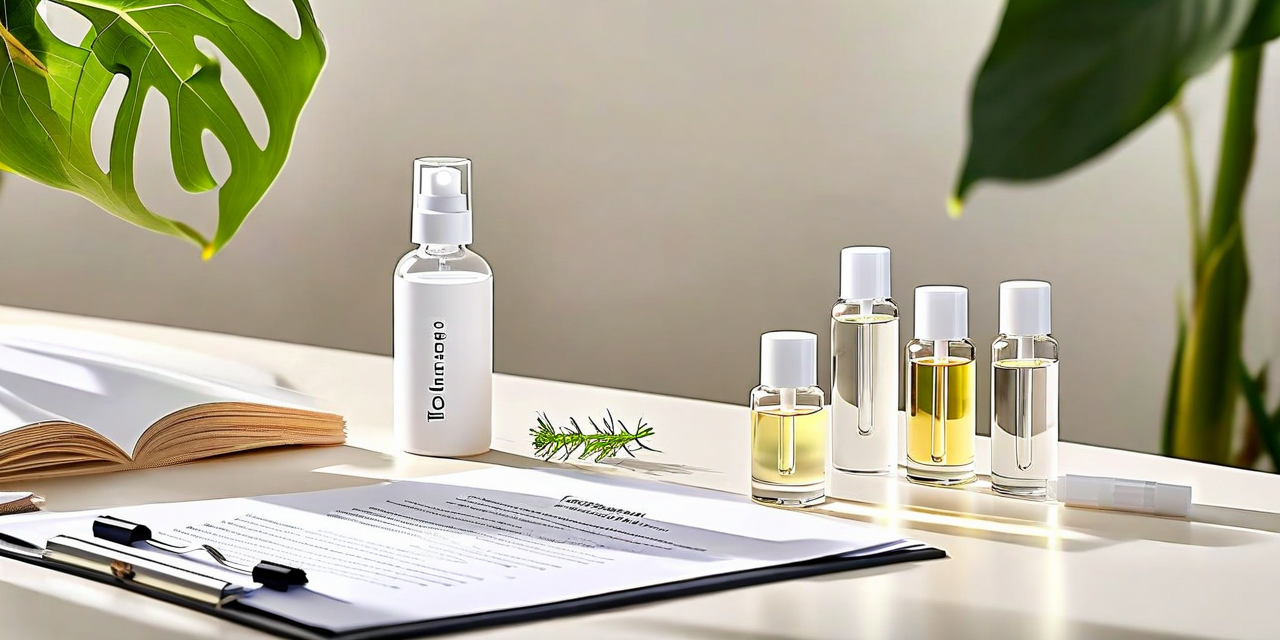 Formulation documents on desk next to product bottles, flat lay, editorial