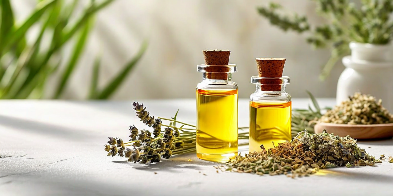 Botanical essential oil bottles with dried herbs, soft natural light, spa aesthetic
