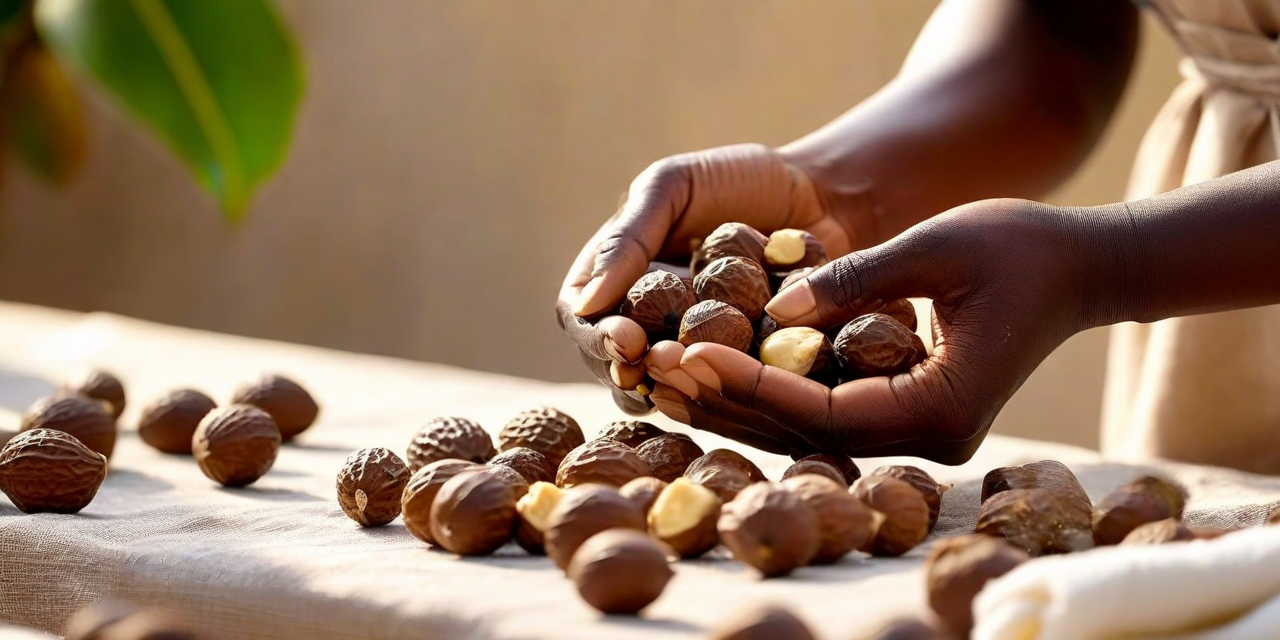 Hands working with raw shea nuts, warm light, authentic production scene