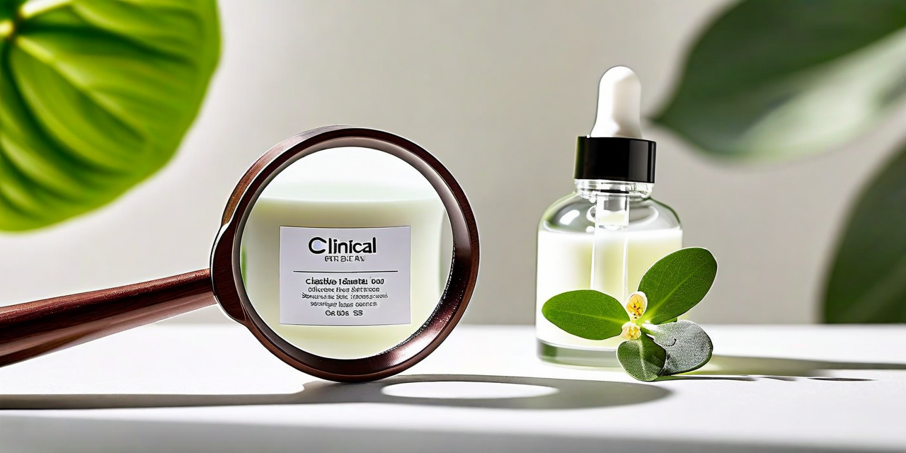 Skincare product label close-up with magnifying glass, clinical clean aesthetic