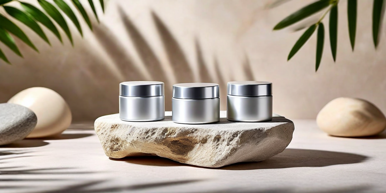 Matte aluminum skincare containers on natural stone, soft studio light