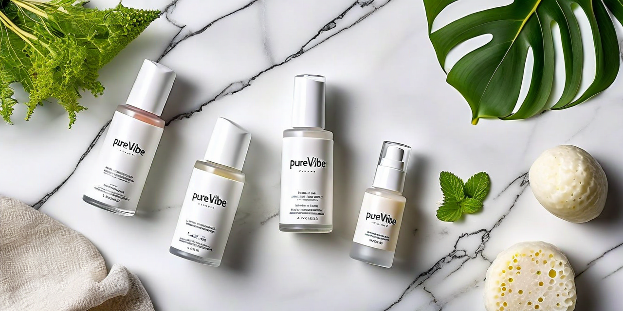 Five PureVibe core products on white marble, overhead flat lay, minimal aesthetic