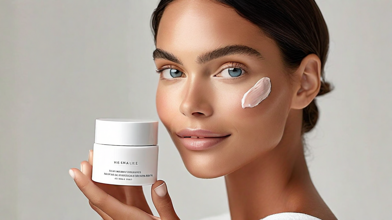 Lifestyle hero — woman with clean skincare products, natural light —